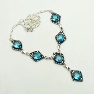Blue Topaz Gemstone Ethnic Handmade Necklace - 925 Silver Plated NWT